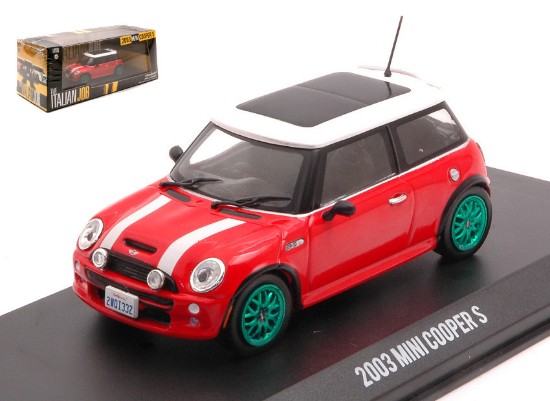 Immagine di MINI COOPER S THE ITALIAN JOB 2003 RED W/WHITE STRIPES GREEN WHEELS 1:43