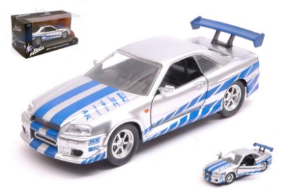 Immagine di BRIAN'S NISSAN SKYLINE GT-R (R34) 2002 FAST & FURIOUS 7 SILVER/BLUE 1:32