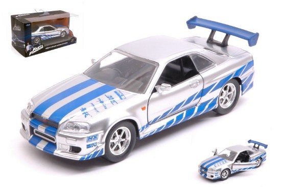 Immagine di BRIAN'S NISSAN SKYLINE GT-R (R34) 2002 FAST & FURIOUS 7 SILVER/BLUE 1:32