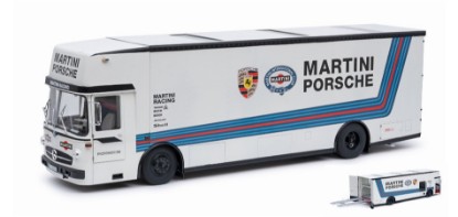 Immagine di MERCEDES O 317 K RACE CAR TRANSPORTER TEAM PORSCHE MARTINI RACING 1:18