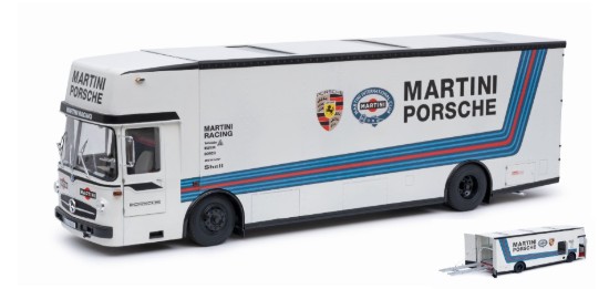 Immagine di MERCEDES O 317 K RACE CAR TRANSPORTER TEAM PORSCHE MARTINI RACING 1:18