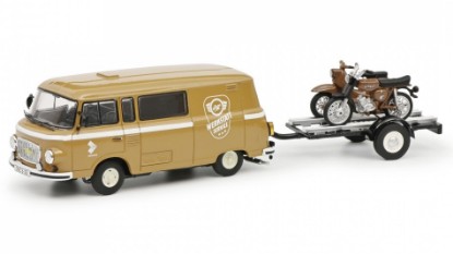 Immagine di BARKAS B1000 VAN WERKSTATT SERVICE WITH TRAILER+ 2 MOTORCYCLES 1965 1:43