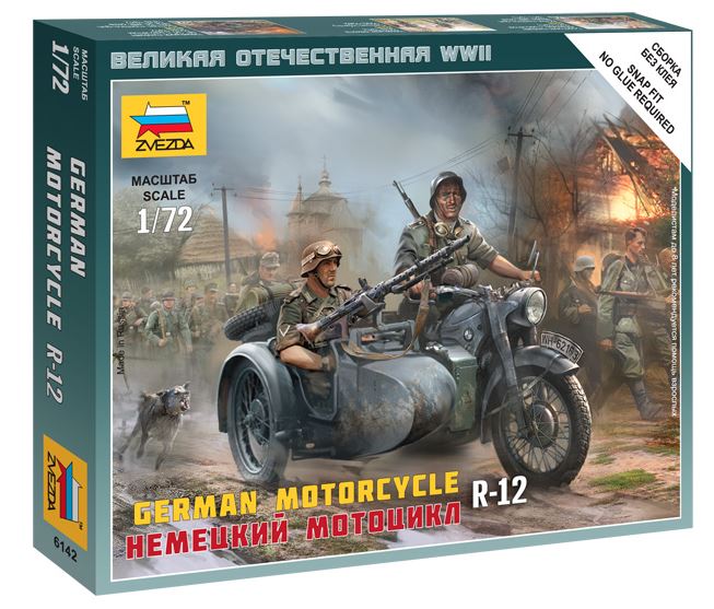 KIT MODELLINO MOTO MILITARE ZVEZDA GERMAN MOTORCYCLE R12 SIDECAR SCALA 1:72