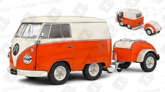 Immagine di VOLKSWAGEN T1 VAN KOOL COMBI WITH TRAILER 1950 ORANGE/WHITE 1:18