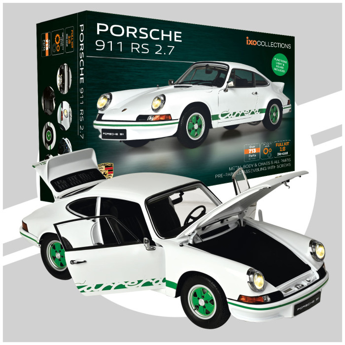 KIT MODELLINO AUTO STATICO IXO PORSCHE 911 RS 2.7 BIANCO SUONI LUCI SCALA 1:8